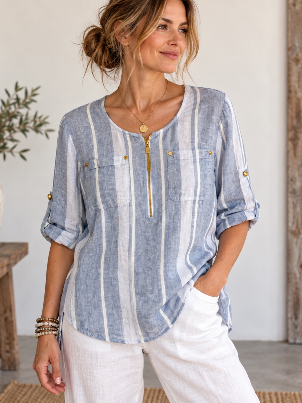 100% Linen Striped Utility Blouse Gold Hardware